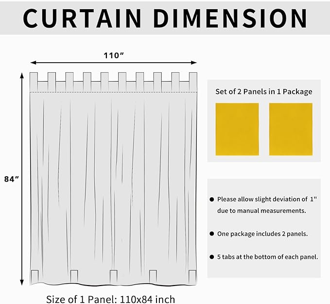 Easy-Going Outdoor Patio Curtains Detachable Tab Top Windproof Weatherproof Curtain for Cabana, Porch, Pergola and Gazebo, Tab Bottom Drape, 2 Panels, 110W x 84L inch, Yellow