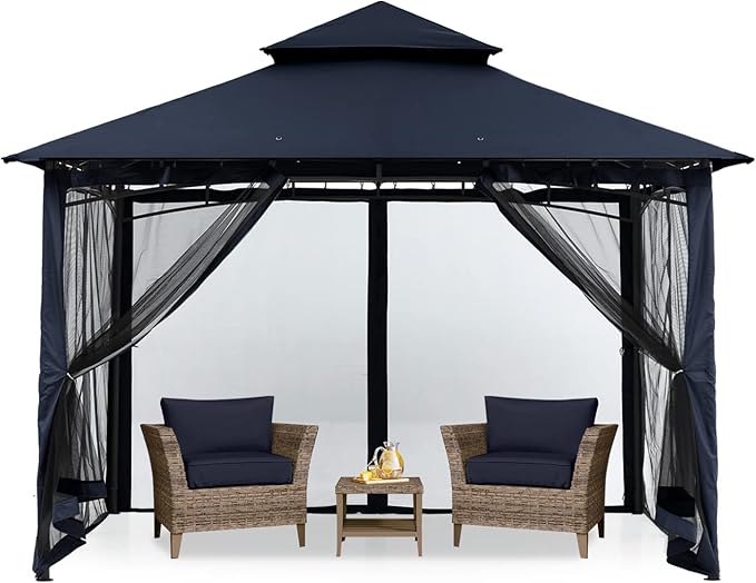 MASTERCANOPY Outdoor Garden Gazebo for Patios with Stable Steel Frame and Netting Walls (9x9,Navy Blue)