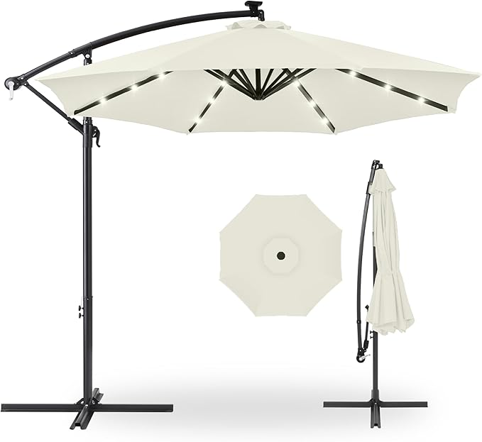 Best Choice Products 10ft Solar LED Offset Cantilever Hanging Market Patio Umbrella, 8 Sturdy Ribs, Easy Adjustment - Ivory