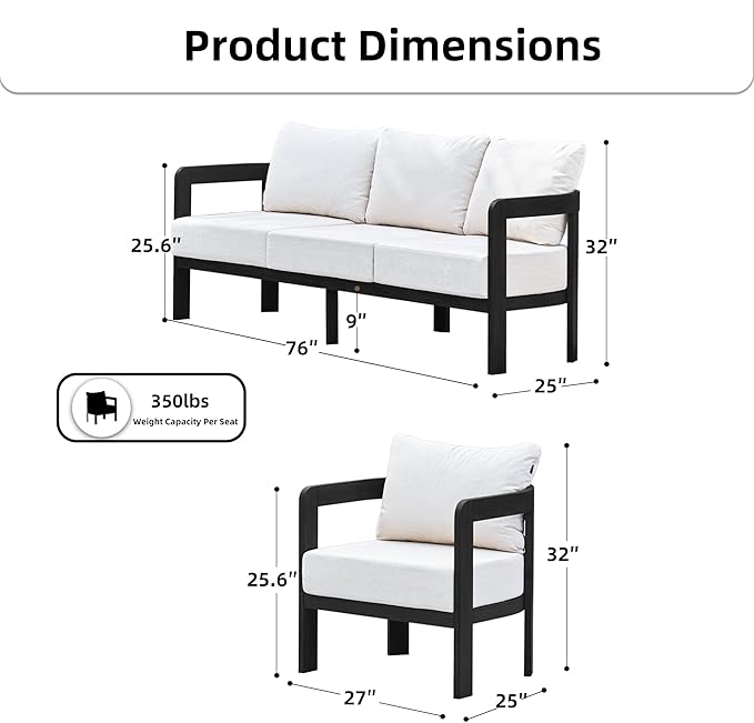Outdoor Furniture Set, Metal Patio Conversation Set with 6" Thick Cushions, Outdoor Couch Sofa and Patio Chairs Set for Backyard Porch Balcony, White