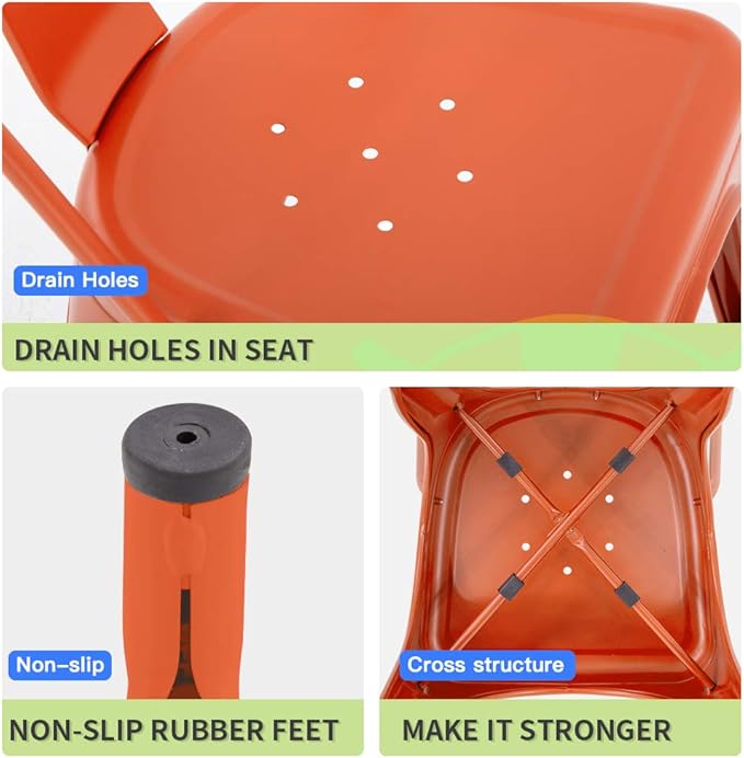 FDW | Set of 4 Metal Dining Chairs | Orange | Stackable Tolix Side Chairs with Backrest | Scratch-Resistant | Non-Slip Feet | Indoor/Outdoor Use | 330 lbs Capacity | Ideal for Kitchen & Restaurant