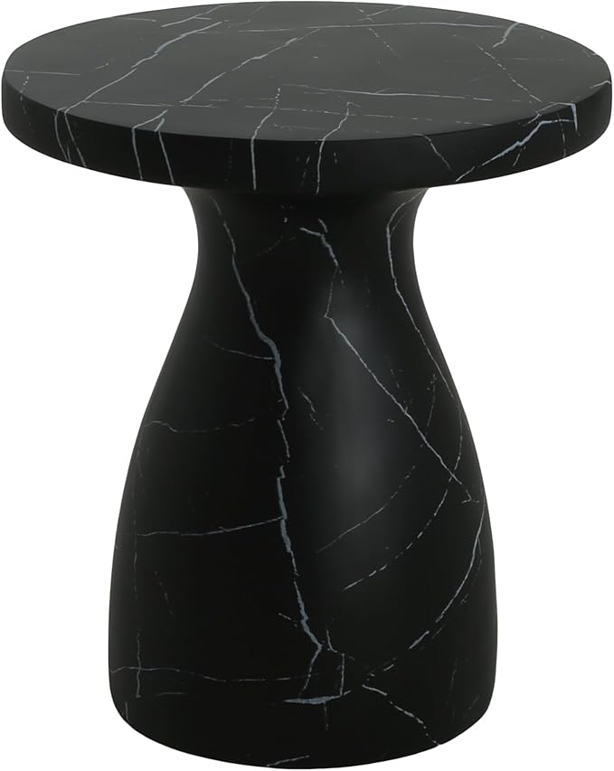 Christopher Knight Home Jayme Outdoor Side Table, Round Top Patio End Table Garden Stool, Lightweight Concrete Decorative Accent Table for Patio Balcony Beach Pool Side, Black Marble Finish