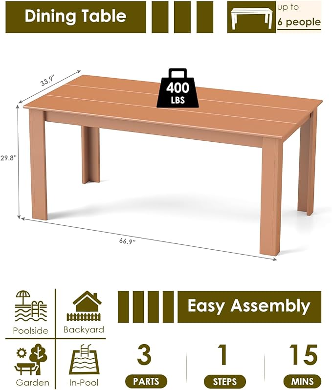 GREENVINES Outdoor Dining Table | 67’’ | HDPE | Rectangle Tables for 6 | All-Weather | Umbrella Hole | Patio Furniture | for Poolside Backyard Garden | Teak