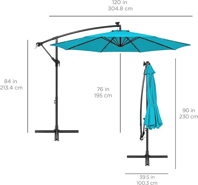 Best Choice Products 10ft Solar LED Offset Cantilever Hanging Market Patio Umbrella, 8 Sturdy Ribs, Easy Adjustment - Sky Blue