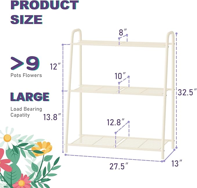 3-Tier Corner Plant Stand, Metal Black Flower Pot Rack, Indoor Outdoor Heavy Duty Shelf (Cream, 3 Tier)
