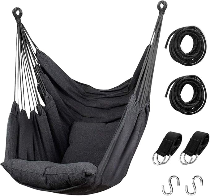 Hommtina Hammock Chair Hanging Rope Swing, Max 300 Lbs Hanging Chair with Pocket & Durability Perfect for Outdoor, Home, Bedroom, Patio, Yard (Pillows NOT Included,Dark Gray)
