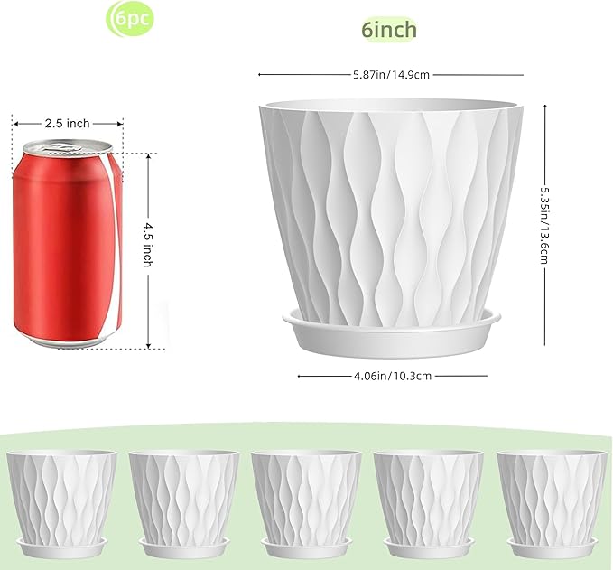 6 Inch Plant Pots, 6 Pack Indoor Flower Pots, Planters with Drainage Holes and Trays for Orchids, Violets, Succulents, Herbs, and Other Plants,White