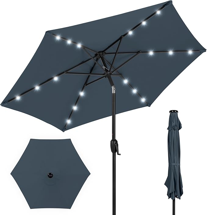 Best Choice Products 7.5ft Outdoor Solar Market Table Patio Umbrella for Deck, Pool w/Tilt, Crank, LED Lights - Slate Blue