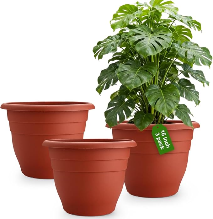 3 Pack Large 16 Inch Plastic Plant Pots for Outdoor Plants,Durable & Lightweight Flower Pots with Drainage Holes,Weather-Resistant Large Planters for Patio Garden(Brick Red)