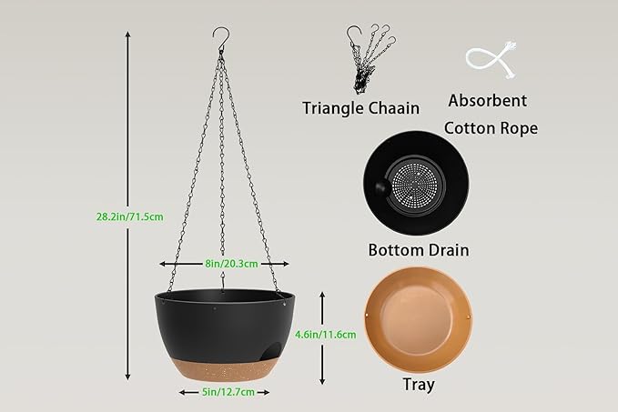 Hanging Planters 3-Pack, 8 Inch Self-Watering Hanging Pots with Drainage Hole and Chains, Plastic Planters for Indoor Outdoor（Black Brown）