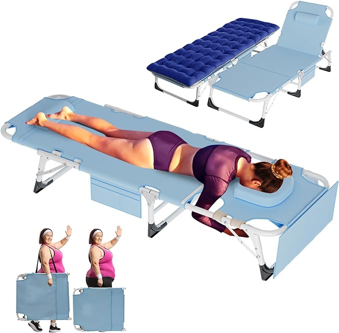 ABORON 3 in 1 Sun Tanning Chair Oversized with Mat&Face Arm Hole, Heavy Duty Folding Chaise Lounge Chairs, 5-Position Outdoor Lounge Chair/Pillow, for Beach, Pool, Lawn, Yard, Patio
