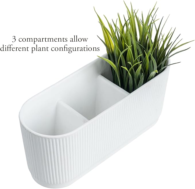 MyGift 11 Inch Ceramic Herb Planter with Drainage, Modern 3 Compartment Plant Pot, Decorative Garden Pots for Planting Herbs Flowers Succulents