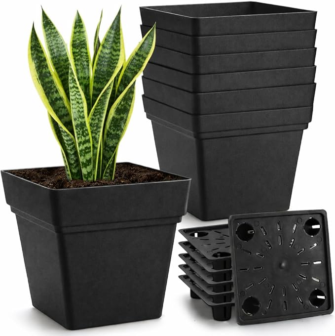 6-Pack 7'' Square Planters with Built-in Drainage Tray – Heavy-Duty Black Plastic Planter with Drainage Hole and Bottom Stopper, BPA-Free Plant Pots Matte Finish for Indoor Outdoor