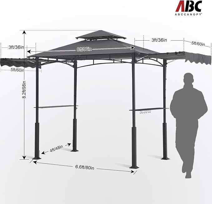 ABCCANOPY Grill Gazebo with 2 Side Awnings - 14x5 Outdoor BBQ Canopy Shelter with 2 Led Lights for Patio Backyard Grilling (Dark Gray)