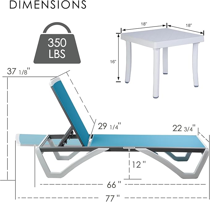 Kozyard Outdoor Chaise Lounge Chair, Full Flat Adjustable Patio Lounger with Aluminum Frame & Resin Legs, Textilene Fabric for Poolside, Backyard & Beach (Aqua/WhiteFrame, Chair + Table)