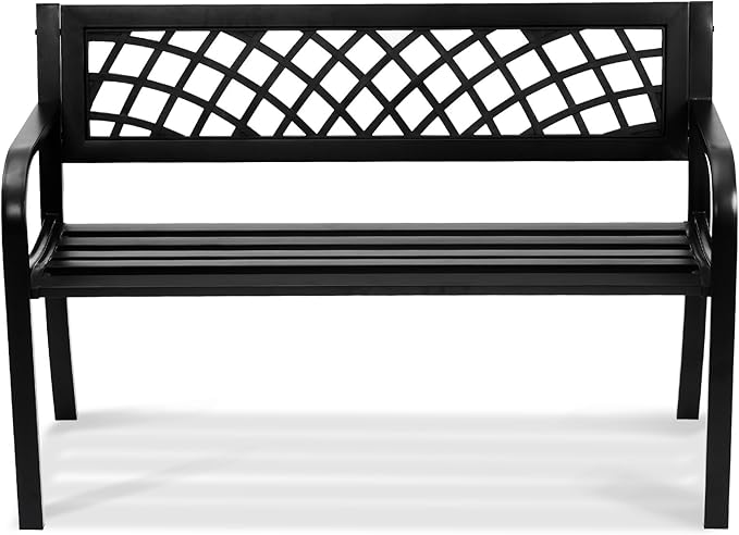 VEVOR Outdoor Bench, 46" Iron Steel Frame Garden Park Bench with Mesh Pattern and Plastic Backrest Armrests, Patio Bench for Garden, Park, Yard, Front Porch