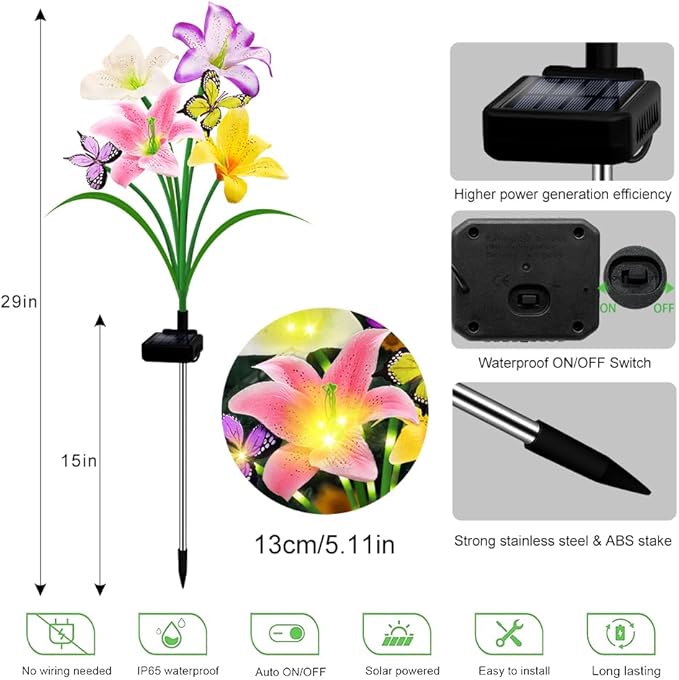 Solar Garden Lights 4 Pack LEDs Solar Lilies Flower Lights, Yard Patio Pathway Decoration High Flexibility Copper Wire Handmade Silk Artificial Flowers Never Wither, Gift for Family Friends