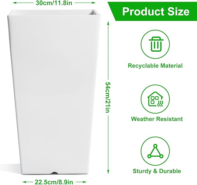 Hushee Set of 4 Tall Outdoor Planters 21 Inch Tall Tapered Square Planter with Drainage Hole Large Flower Tree Plant Pot Resin Flower Pots for Front Porch Door Garden Patio Indoor