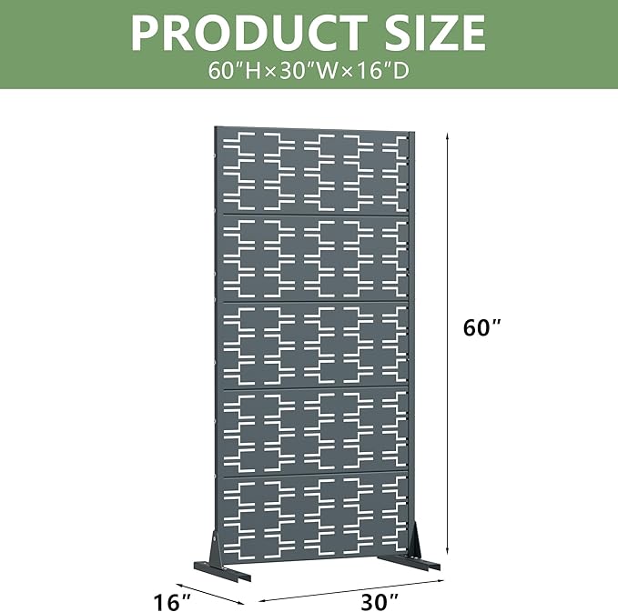 Casaphoria Metal Privacy Screen Outdoor, 60" x 30" W Freestanding Decorative Privacy Screen for Patio Deck Balcony Garden with Stable Base, Drakgrey-Brick