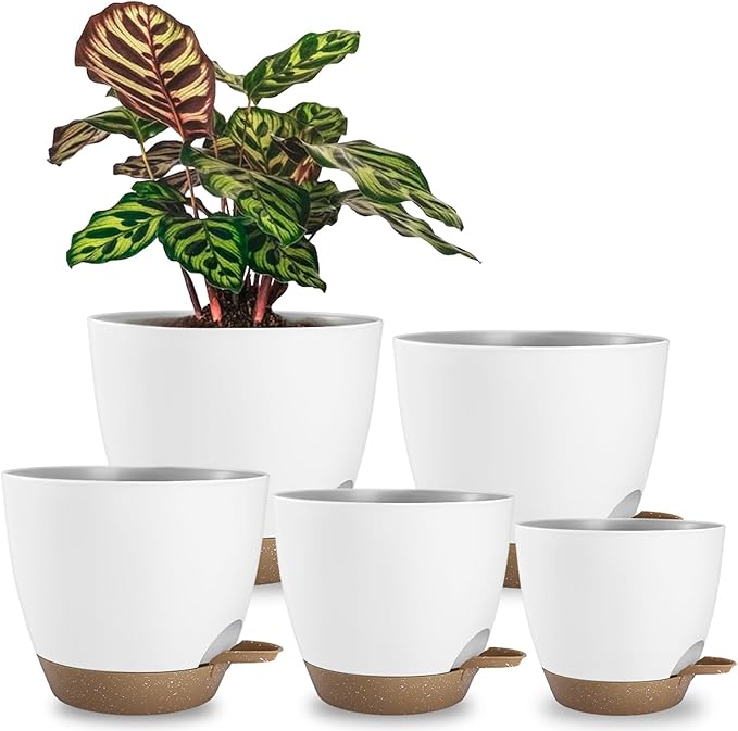 Plant Pots 8/7.5/7/6.5/6 Inch Self Watering Pots,5 Pack Planters with Drainage Holes and Saucers,Plastic Flower Pots,Nursery Planters for Indoor Outdoor Plants (White)