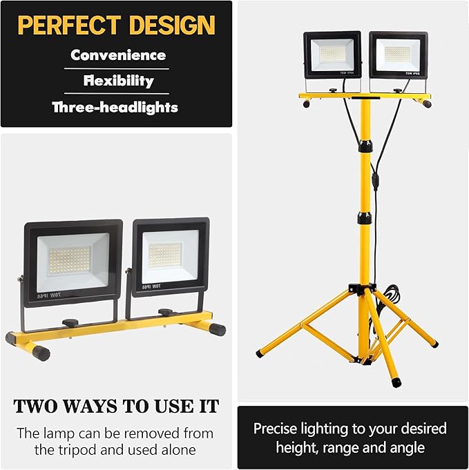 22000 Lumen Work Lights with Stand, 2 Adjustable Head LED Work Light, with Adjustable and Foldable Tripod Stand, Waterproof Lamp with Individual Switch with 6500 Kelvin Color Temperature