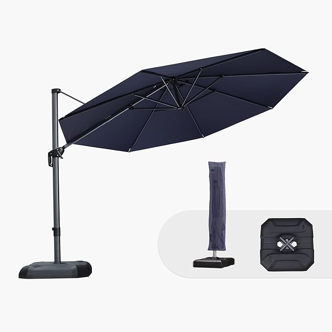 PURPLE LEAF 11 Feet Patio Umbrella with Base and Cover Round Outdoor Cantilever Umbrella Aluminum Offset Umbrella with 360-degree Rotation for Garden Deck Pool Patio Navy Blue