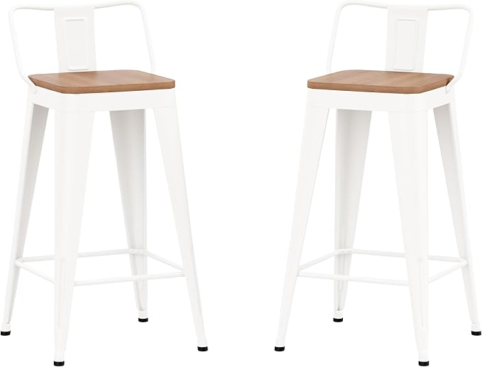 WENTMENT Metal Bar Stools Set of 2 Counter Height Barstools with Removable Back 30" Kitchen Bar Stools with Wooden Seat,Off White
