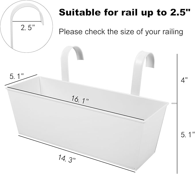 Railing Planters Outdoor Balcony 16 Inch Deck Over The Railing Planter Boxes Hanging Planters for Fence Flower 3 Pcs (White)