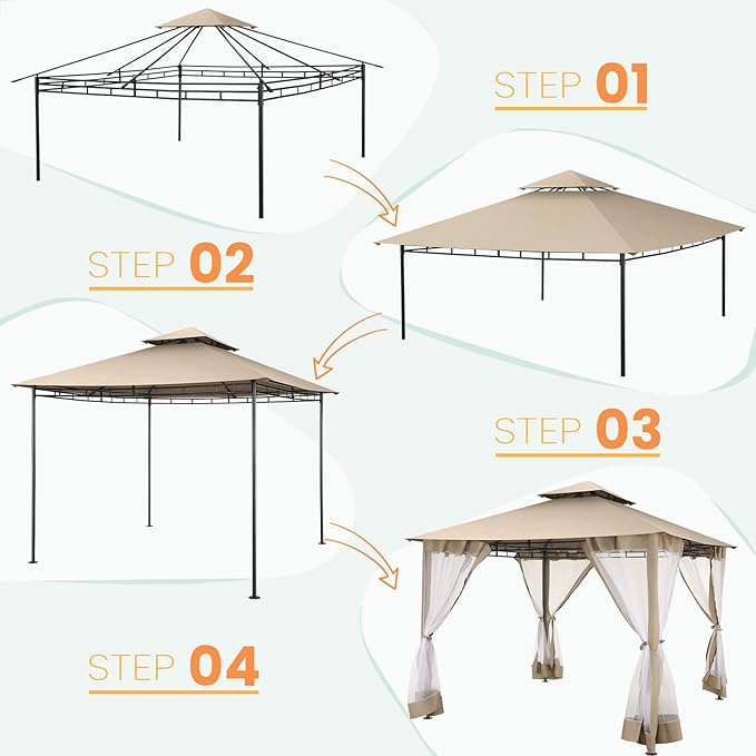 COBIZI Gazebo 10x10 Heavy Duty Gazebos with Improved Nettings Outdoor Gazebo Double Roof Patio Gazebos with Metal Steel Frame Outdoor Canopy for Patio, Deck, Backyard (Khaki)