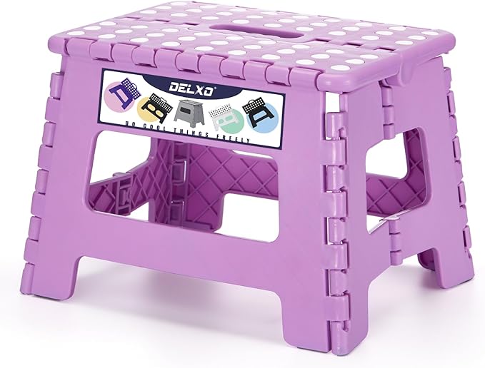 Delxo 9 inch Folding Step Stool, Non-Slip Foldable Small Stools Up to 300 LBS, Kids Step Stool with Handle Lightweight for Kitchen, Bathroom, Bedroom, Garden, Light Purple, 1PC
