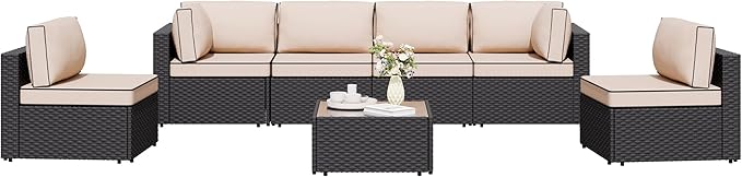 Shintenchi 7 Pieces Outdoor Patio Sectional Sofa Couch, Wicker Furniture Conversation Sets with Washable Cushions & Glass Coffee Table for Garden, Poolside, Backyard (Khaki)
