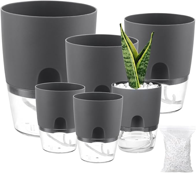 Planterhoma 6 Pack Self Watering Pots for Indoor Plants, 3.2/4/6 Inch Plant Pot Plastic Self Watering Planter for Orchid, African Violet, Small Clear Flower Pots with Drainage Holes and Wicking, Grey