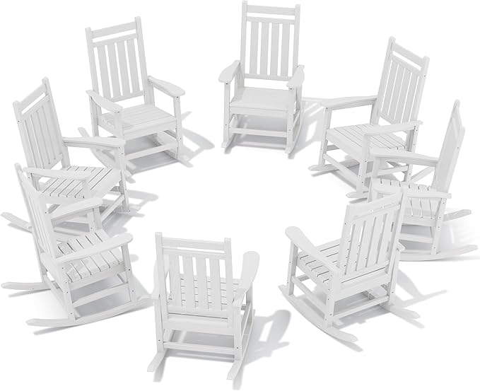 SERWALL HDPE Outdoor Rocking Chair Set of 8, Patio Rocking Chairs for Adults, All Weather Outdoor Rockers for Lawn, White