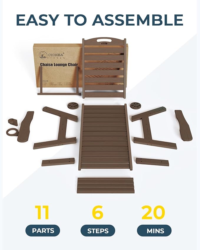 Ciokea Outdoor Chaise Lounge Chair Set of 2, Patio Lounge Chairs for Outside, HDPE Lounge Chairs with Wheels & Cup Holder, Poly Lounge Chair with 5 Position for Poolside, Deck, Dark Brown