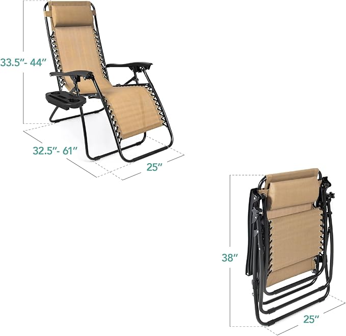 Best Choice Products Set of 2 Adjustable Steel Mesh Zero Gravity Lounge Chair Recliners w/Pillows and Cup Holder Trays - Beige