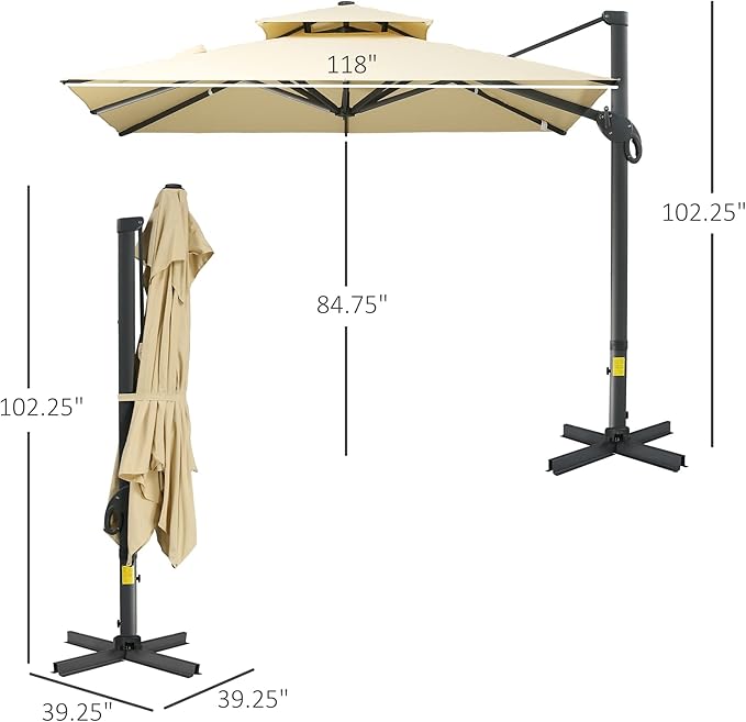 Outsunny 10ft Offset Patio Umbrella, Hanging Cantilever Umbrella, Square Shape, Aluminum Cross Base, Tilt, 360-Degree Rotation