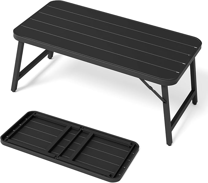 VINGLI Outdoor Folding Coffee Table, Rectangle Drainable Iron Patio Table for Balcony, Porch, and Living Room, Black