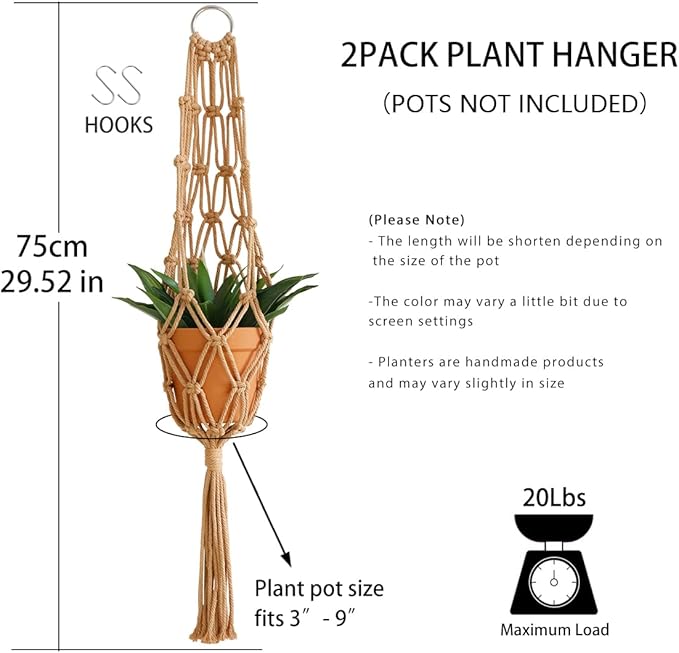 Artilady Hanging Planter for Indoor Plants Macrame Plant Hanger Large Hanging Plant Holder Brown Plants Basket White Rope Boho Original Wall Decor (Brown Plant Hanger-2pcs)