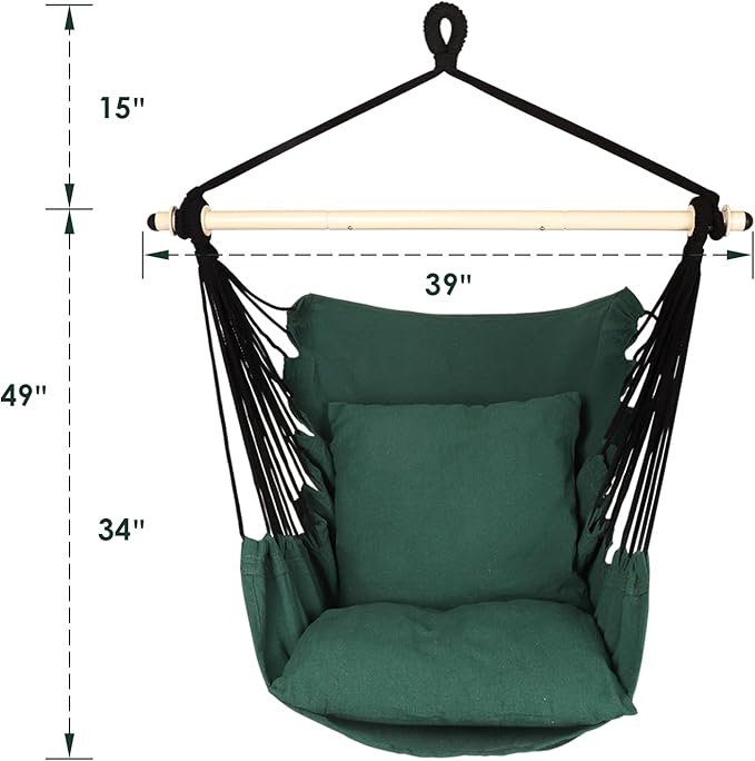 Highwild Hammock Chair Hanging Rope Swing - Max 500 Lbs - 2 Cushions Included - Steel Spreader Bar with Anti-Slip Rings - for Any Indoor or Outdoor Spaces (D- Cushions Included-Green)