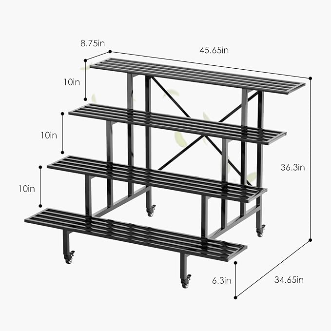 Zhongma 4 Tier Sturdy Metal Plant Stand with Wheels, L45.67 x W34.65 x H35.83 inch, Heavy Duty Plant Holder for Home Indoor and Outdoor, 880 LBS Capacity & Heavy Duty Construction