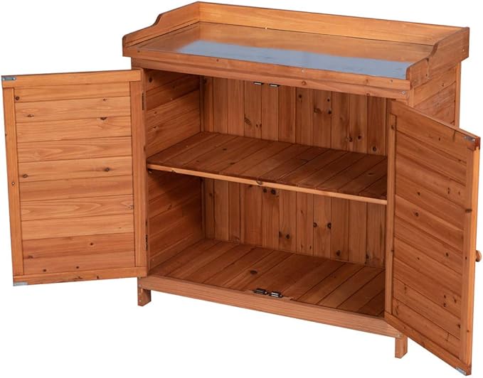 GDLF Outdoor Garden Patio Wooden Storage Cabinet Furniture Waterproof Tool Shed with Potting Benches Outdoor Work Station Table (Natural)