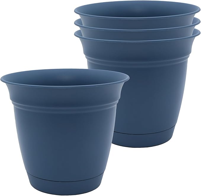 The HC Companies 8 Inch Eclipse Round Planter Pots with Drainage Holes & Attached Saucer, Lightweight UV-Resistant Plastic Indoor & Outdoor Planters, 4-Pack Flower Pots, Garden Home Decor, Slate Blue