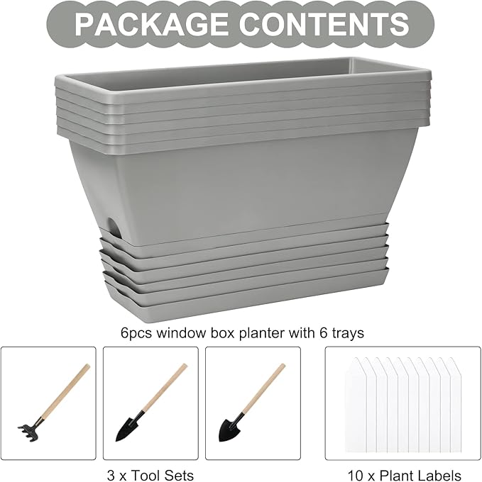 Window Box Planter, 6 Packs 17 Inches Rectangle Planters Box with Drainage Holes and Trays, Vegetable Planters for Windowsill Patio Garden Home Decor Porch Yard Light Gray
