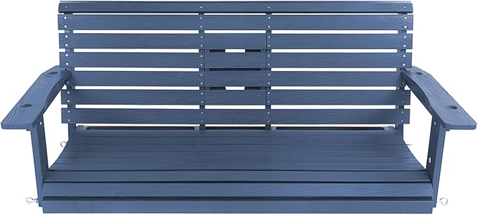 Poly Lumber 3-Seat Porch Swing, HIPS 5-Feet Bench Swing with Foldable Cup Holders,18/8 Stainless Steel Hardware, High Backrest and Deep Contoured Seat (Navy Blue, 5-feet)