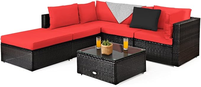 Tangkula 6 Piece Patio Furniture Set, Outdoor Deck Lawn Backyard Sectional Sofa with Coffee Table, Durable Steel Frame PE Rattan Wicker Conversation Set (Red)