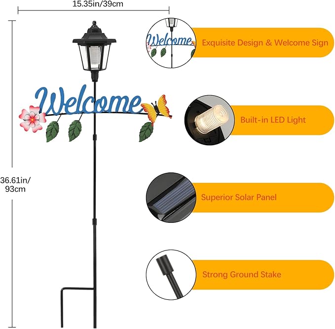 Lewondr Solar Garden Lights Butterfly, 36.6 Inch Solar Lamp Post Light with Welcome Sign & Butterflies, Outdoor Waterproof Solar Stake Lights for Yard Porch Patio Pathway Gardening Gifts, 2 Pack