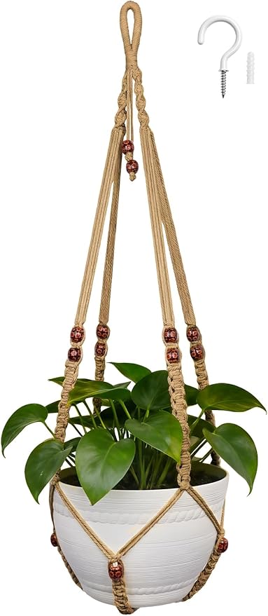 35 Inch Macrame Plant Hanger, Large for up to 15 Inch Pot Extra Long Hanging Planter Holder Basket with Wood Beads for Indoor Outdoor Home Decor (Brown, 1-Pack)