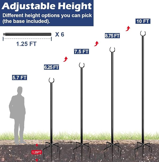 10FT String Light Pole for Outdoor, Heavy Duty Metal Lighting Stand Pole for Garden Lawn Backyard Patio Holiday Wedding Party Decorations (1 Pack)