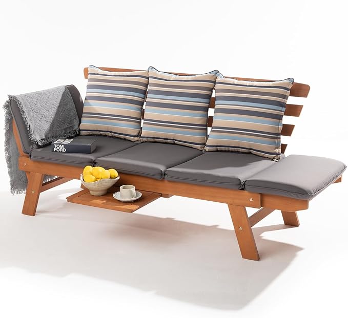 IDZO Amelie Outdoor Daybed Sofa: 750lbs Max Weight Support, Sleeper Chair with Armrest, Coffee Tray, 3 Pillows, FSC Wood, Gray, Ideal for Outdoor Couch