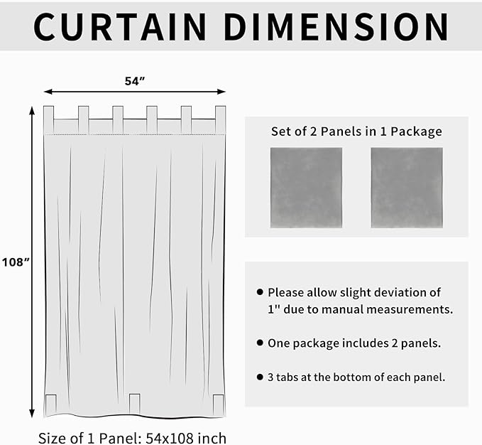 Easy-Going Outdoor Patio Curtains Detachable Tab Top Windproof Weatherproof Curtain for Cabana, Porch, Pergola and Gazebo, Tab Bottom Drape, 2 Panels, 54W x 108L inch, Light Grey